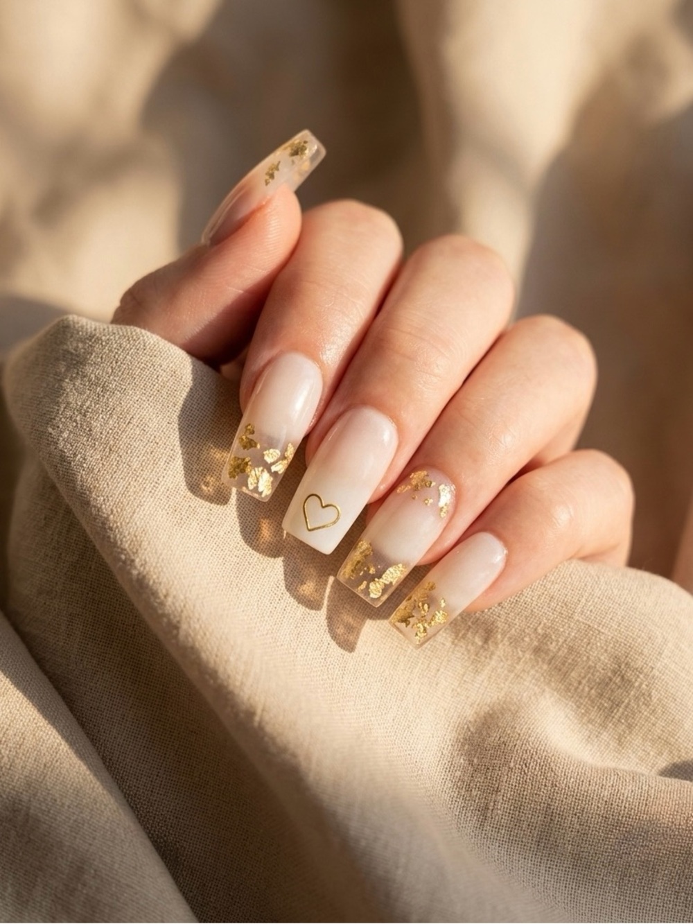 Gold Leaf Flakes | Milky White | press on nails | Handmade
